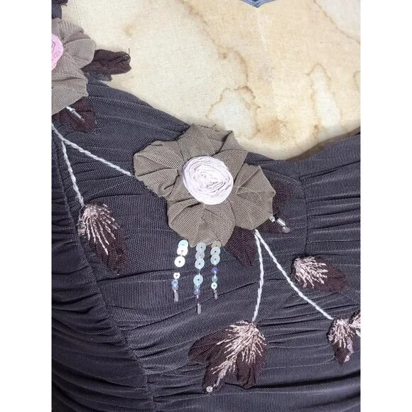 Y2K SUE WONG Chocolate Brown RUCHED Draped Floral Appliqué, Sequins, and Beads,
